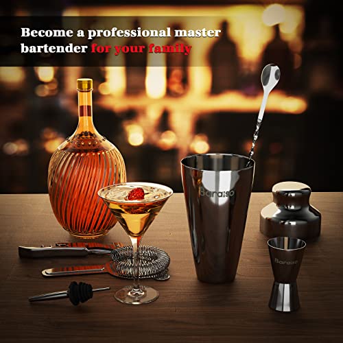 Baraiso Cocktail Shaker Set, Bartender Kit and Cocktail Shaker with Strainer, Bar Tool Kit Set and Mahogany Tool Sets with Mahogany Stand, Bar Accessories for The Home Bar Set - Black