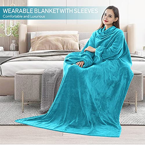 Sunyana Premium Fleece Wearable Blanket with Sleeves,Lightweight Wearable TV Throws Warm Cozy Super Soft Sleeved Wrap Robe Blanket for Indoor Living, Gift for Adult Women and Men(Lake Blue)