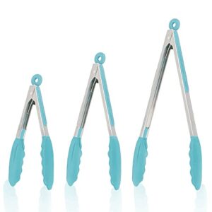silicone kitchen tongs for cooking with silicone tips, heat resistant tongs for serving food, 7-inch, 9-inch, 12-inch locking silicone tongs, set of 3 salad tongs, aqua sky kitchen utensils
