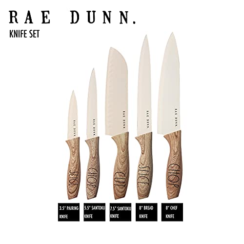 Rae Dunn Everyday Collection Set of 5 Stainless Steel Knives with Sheaths- Chef, Paring, Bread, Santoku Knives- (White)