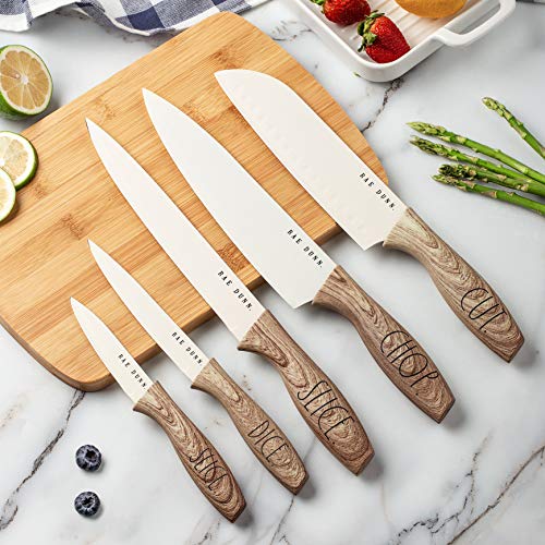 Rae Dunn Everyday Collection Set of 5 Stainless Steel Knives with Sheaths- Chef, Paring, Bread, Santoku Knives- (White)