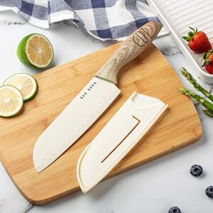 Rae Dunn Everyday Collection Set of 5 Stainless Steel Knives with Sheaths- Chef, Paring, Bread, Santoku Knives- (White)