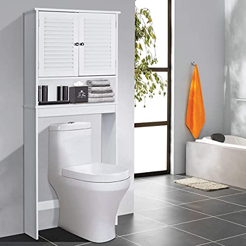 Squareful Over-The-Toilet Bathroom Storage Shelf, Freestanding Storage Organizer w/Louvre Door & 1 Open Shelf, Bathroom Space Saver, White, (HW66126)