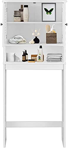 Squareful Over-The-Toilet Bathroom Storage Shelf, Freestanding Storage Organizer w/Louvre Door & 1 Open Shelf, Bathroom Space Saver, White, (HW66126)