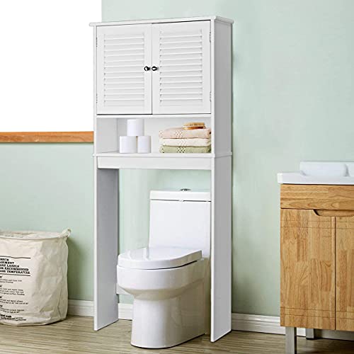 Squareful Over-The-Toilet Bathroom Storage Shelf, Freestanding Storage Organizer w/Louvre Door & 1 Open Shelf, Bathroom Space Saver, White, (HW66126)