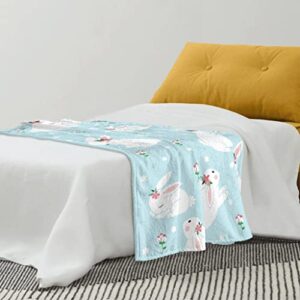 FJPT Easter Spring Throw Blanket Bunnies and Flowers Throw Cozy&Soft Plush Blankets for Couch Bed Sofa Travelling Camping for Adults/Kids - Blue White (30" x 40")