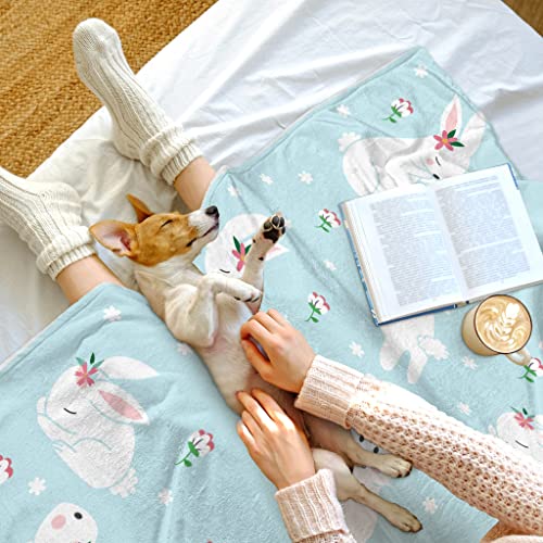 FJPT Easter Spring Throw Blanket Bunnies and Flowers Throw Cozy&Soft Plush Blankets for Couch Bed Sofa Travelling Camping for Adults/Kids - Blue White (30" x 40")