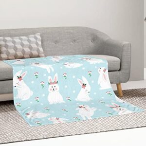 FJPT Easter Spring Throw Blanket Bunnies and Flowers Throw Cozy&Soft Plush Blankets for Couch Bed Sofa Travelling Camping for Adults/Kids - Blue White (30" x 40")