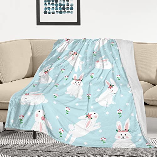 FJPT Easter Spring Throw Blanket Bunnies and Flowers Throw Cozy&Soft Plush Blankets for Couch Bed Sofa Travelling Camping for Adults/Kids - Blue White (30" x 40")