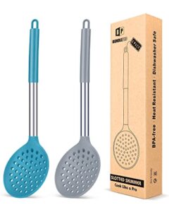 kitchen ladle strainer set of 2 large slotted spoon with high heat resistant bpa free non stick cooking skimmers for draining & frying (grey and teal blue)