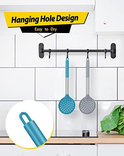 Kitchen Ladle Strainer Set of 2 Large Slotted Spoon with High Heat Resistant BPA Free Non Stick Cooking Skimmers For Draining & Frying (Grey and Teal Blue)