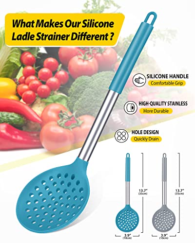 Kitchen Ladle Strainer Set of 2 Large Slotted Spoon with High Heat Resistant BPA Free Non Stick Cooking Skimmers For Draining & Frying (Grey and Teal Blue)