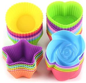 letgoshop silicone cupcake liners reusable baking cups nonstick easy clean pastry muffin molds 4 shapes round, stars, heart, flowers, 24 pieces colorful