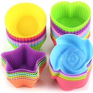 LetGoShop Silicone Cupcake Liners Reusable Baking Cups Nonstick Easy Clean Pastry Muffin Molds 4 Shapes Round, Stars, Heart, Flowers, 24 Pieces Colorful