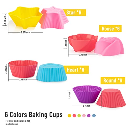 LetGoShop Silicone Cupcake Liners Reusable Baking Cups Nonstick Easy Clean Pastry Muffin Molds 4 Shapes Round, Stars, Heart, Flowers, 24 Pieces Colorful