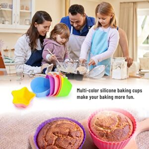 LetGoShop Silicone Cupcake Liners Reusable Baking Cups Nonstick Easy Clean Pastry Muffin Molds 4 Shapes Round, Stars, Heart, Flowers, 24 Pieces Colorful