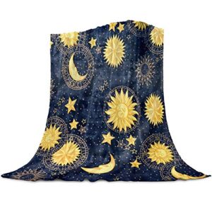 flannel fleece throw blankets, boho chic golden sun moon and stars blue black sky antique style decorative blankets, lightweight super soft luxurious cozy blanket for couch bed sofa chair