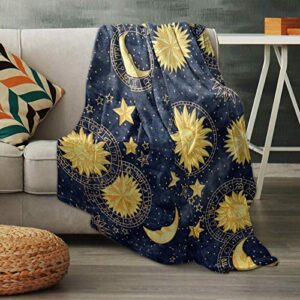 Flannel Fleece Throw Blankets, Boho Chic Golden Sun Moon and Stars Blue Black Sky Antique Style Decorative Blankets, Lightweight Super Soft Luxurious Cozy Blanket for Couch Bed Sofa Chair