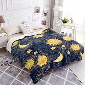 Flannel Fleece Throw Blankets, Boho Chic Golden Sun Moon and Stars Blue Black Sky Antique Style Decorative Blankets, Lightweight Super Soft Luxurious Cozy Blanket for Couch Bed Sofa Chair