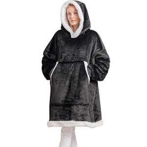 recyco oversized wearable blanket hoodie for women, warm cozy soft sherpa fleece hoodie blanket for men adults, thick big hooded sweatshirt blanket black, large size