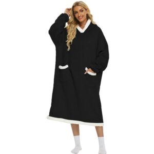duchifad wearable blanket hoodie, oversized for women men and adult, 47.2in/120cm - flannel, fleece, polyester - giant warm cozy blanket sweatshirt for gift, black