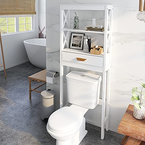 SSLine Over The Toilet Storage Organizer Wooden Bathroom Space-Saving Cabinet White Finish Over Toilet Cabinet with Storage Drawer and Open Shelves -23.6" L x 7.9" W x 64.8" H