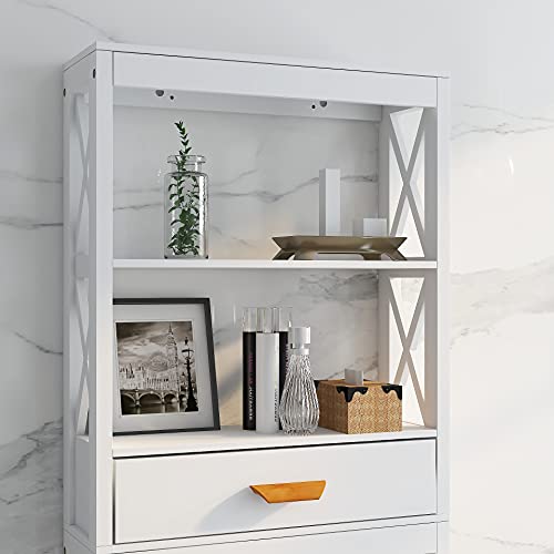 SSLine Over The Toilet Storage Organizer Wooden Bathroom Space-Saving Cabinet White Finish Over Toilet Cabinet with Storage Drawer and Open Shelves -23.6" L x 7.9" W x 64.8" H