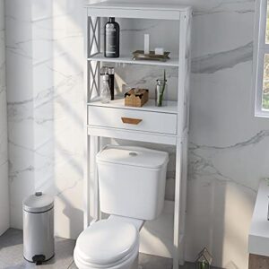 SSLine Over The Toilet Storage Organizer Wooden Bathroom Space-Saving Cabinet White Finish Over Toilet Cabinet with Storage Drawer and Open Shelves -23.6" L x 7.9" W x 64.8" H