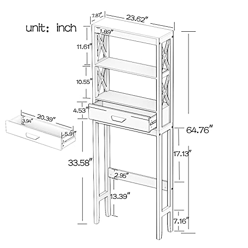 SSLine Over The Toilet Storage Organizer Wooden Bathroom Space-Saving Cabinet White Finish Over Toilet Cabinet with Storage Drawer and Open Shelves -23.6" L x 7.9" W x 64.8" H