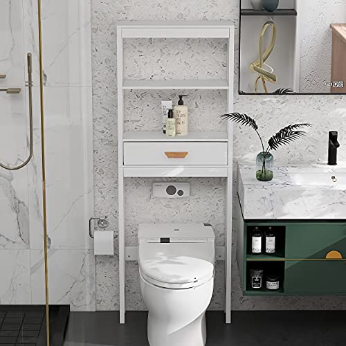 SSLine Over The Toilet Storage Organizer Wooden Bathroom Space-Saving Cabinet White Finish Over Toilet Cabinet with Storage Drawer and Open Shelves -23.6" L x 7.9" W x 64.8" H