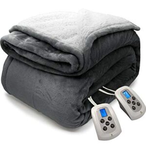 Marquess Electric Blanket Queen Size, Sherpa Flannel Heated Blanket with Dual Control, 10 Heat Settings, Automatic Shut Off Adjustable, Machine Washable (Grey, Queen)