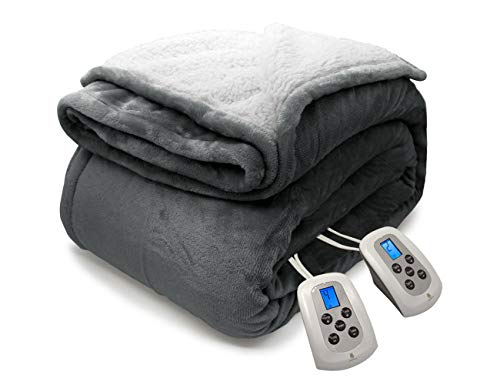 Marquess Electric Blanket Queen Size, Sherpa Flannel Heated Blanket with Dual Control, 10 Heat Settings, Automatic Shut Off Adjustable, Machine Washable (Grey, Queen)