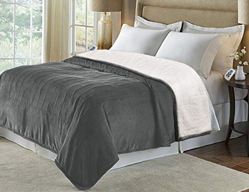 Marquess Electric Blanket Queen Size, Sherpa Flannel Heated Blanket with Dual Control, 10 Heat Settings, Automatic Shut Off Adjustable, Machine Washable (Grey, Queen)