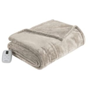 brookstone home decor - king size ultra soft velvet electric heated throw - built-in remote 10 heat settings & auto shut off machine washable - warm & cozy living room & bedroom blankets (grey pumice)