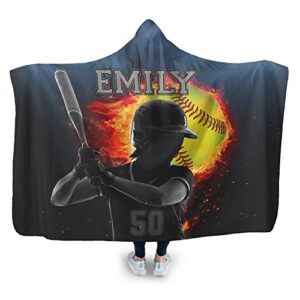 ohaprints custom fire softball ball girl player fan unique gift idea black personalized name number sherpa hoodie blanket soft travel camping wearable hooded blankets cape wrap plush fuzzy comfy cozy