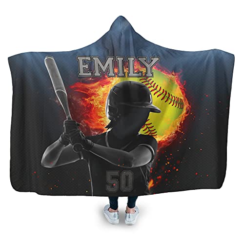 OhaPrints Custom Fire Softball Ball Girl Player Fan Unique Gift Idea Black Personalized Name Number Sherpa Hoodie Blanket Soft Travel Camping Wearable Hooded Blankets Cape Wrap Plush Fuzzy Comfy Cozy