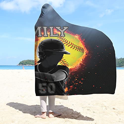 OhaPrints Custom Fire Softball Ball Girl Player Fan Unique Gift Idea Black Personalized Name Number Sherpa Hoodie Blanket Soft Travel Camping Wearable Hooded Blankets Cape Wrap Plush Fuzzy Comfy Cozy