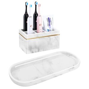 luxspire bathroom vanity tray+toothbrush holders, bathroom vanity countertop organizer accessories set-marble design