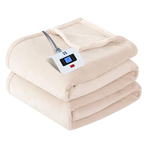 SEALY Electric Blanket Twin Size, Flannel Heated Blanket with 10 Heating Levels & 1-12 Hours Auto Shut Off, Fast Heating Warm Blanket, Machine Washable, Beige, 62 x 84 Inch