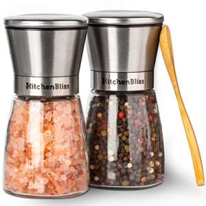 professional salt and pepper grinder set – premium stainless steel salt and pepper shakers with ceramic spice grinder mill for adjustable coarseness - added bonus a bamboo spoon and a cleaning brush.