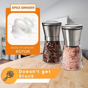 Professional Salt and Pepper Grinder Set – Premium Stainless Steel Salt and Pepper Shakers with Ceramic Spice Grinder Mill for Adjustable Coarseness - Added Bonus a Bamboo spoon and a Cleaning Brush.