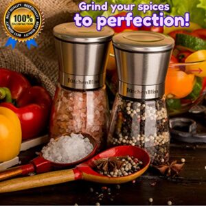 Professional Salt and Pepper Grinder Set – Premium Stainless Steel Salt and Pepper Shakers with Ceramic Spice Grinder Mill for Adjustable Coarseness - Added Bonus a Bamboo spoon and a Cleaning Brush.