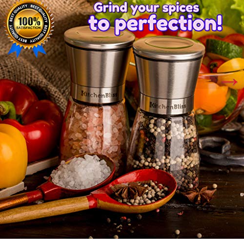 Professional Salt and Pepper Grinder Set – Premium Stainless Steel Salt and Pepper Shakers with Ceramic Spice Grinder Mill for Adjustable Coarseness - Added Bonus a Bamboo spoon and a Cleaning Brush.