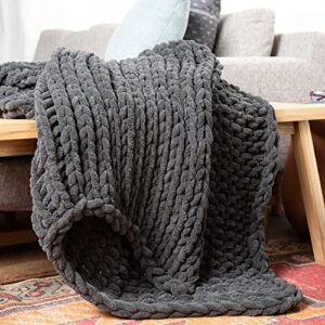 chunky knit cozy yarn oversized (50" l x 60" w) blanket, fluffy comfort machine washable, thick soft included laundry bag