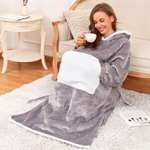 CareGabi Wearable Blanket Hoodie, Plush Flannel Sherpa Hooded Blanket with Giant Pocket, Long Blanket Sweatshirt for Women and Men, Grey