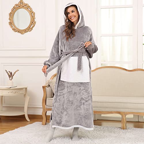 CareGabi Wearable Blanket Hoodie, Plush Flannel Sherpa Hooded Blanket with Giant Pocket, Long Blanket Sweatshirt for Women and Men, Grey