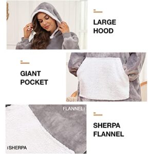 CareGabi Wearable Blanket Hoodie, Plush Flannel Sherpa Hooded Blanket with Giant Pocket, Long Blanket Sweatshirt for Women and Men, Grey