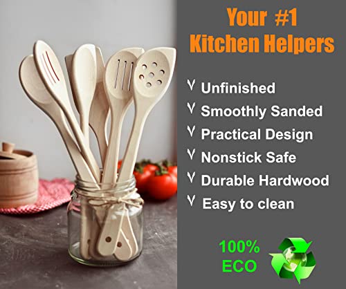 ECOSALL Healthy Wooden Spoons For Cooking Set of 6. Safe and Reliable Cooking Utensils for Kitchen – 100% Natural Nonstick Wood Spatula Spoon For Scraping, Stirring, Serving – Uncoated Solid Hardwood