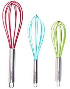 silicone whisk set of 3 - stainless steel & silicone non-stick coating – colored balloon egg beater for blending, whisking, beating, frothing & stirring (12-inch, 10-inch & 8.5-inch)