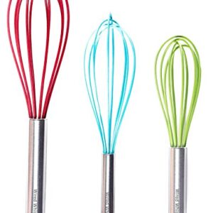 Silicone Whisk Set of 3 - Stainless Steel & Silicone Non-Stick Coating – Colored Balloon Egg Beater for Blending, Whisking, Beating, Frothing & Stirring (12-inch, 10-inch & 8.5-inch)